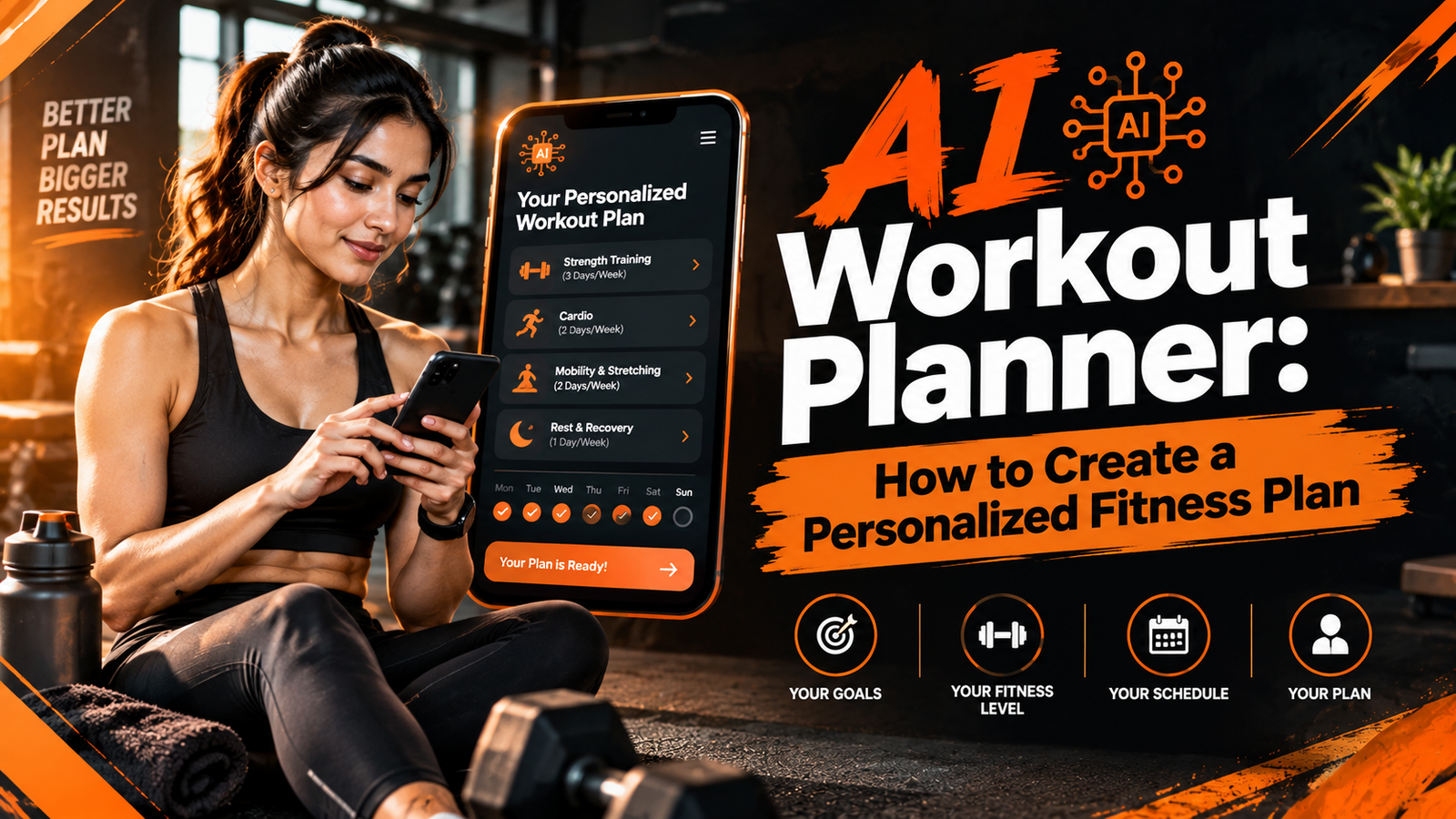 Person using an AI workout planner on a smartphone to create a personalized fitness routine at home
