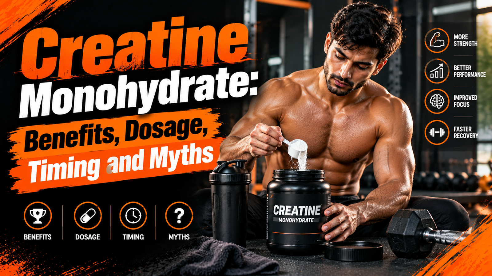 creatine monohydrate powder and scoop beside a glass of water