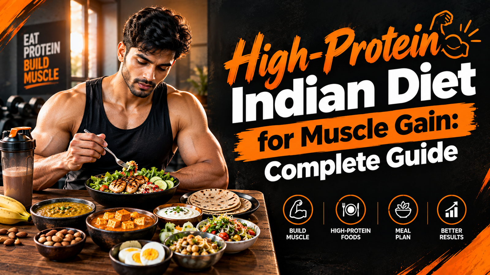 High-protein Indian diet for muscle gain with paneer, dal, eggs, chicken, and nutritious Indian meals