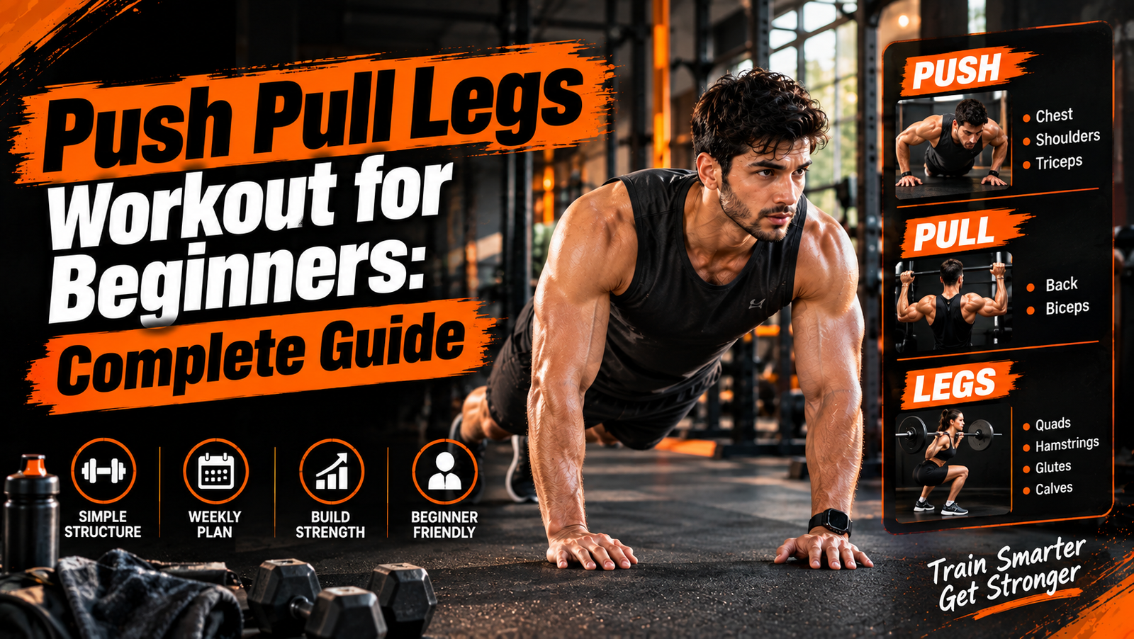 beginner doing a push pull legs workout in a gym